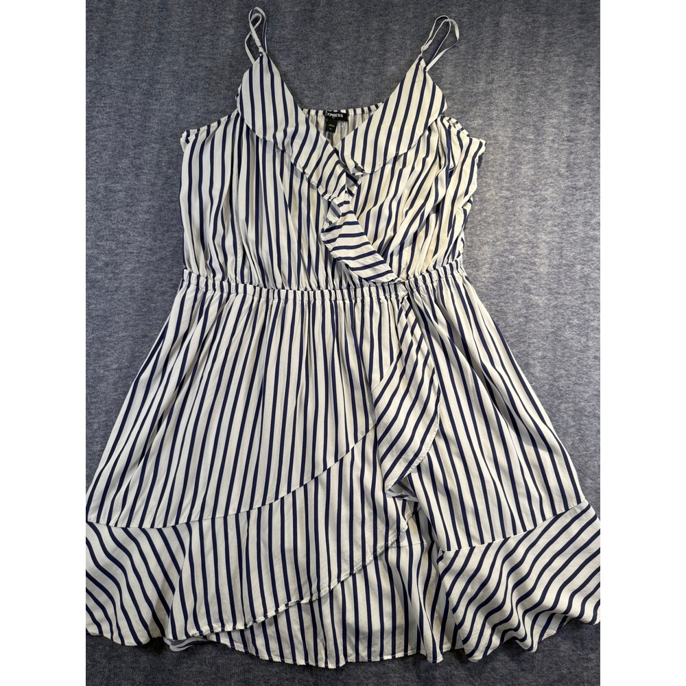 Express Striped Navy White Wrap Dress Womens XL Summer Light Mini Ruffle Strappy